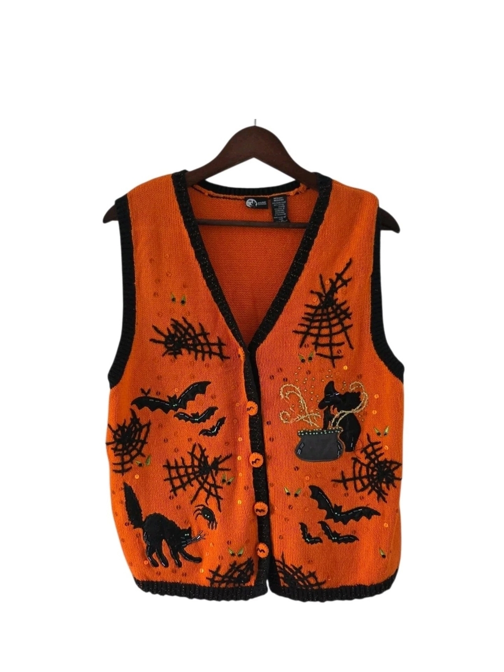 Vintage Orange Black Holiday Editions Halloween Sweater Vest Spiders Bats M